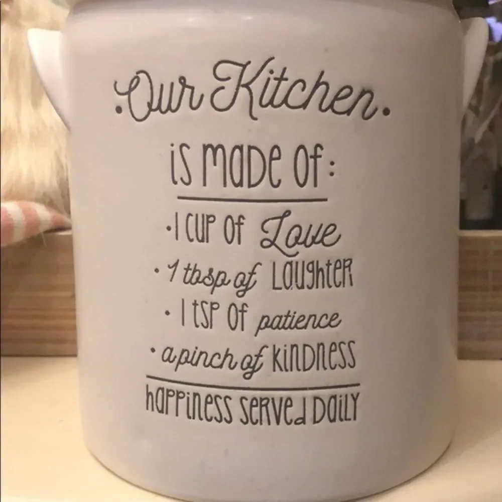 NWT Our Kitchen Utensil White Off Cream Ceramic Inspirational Container Crock